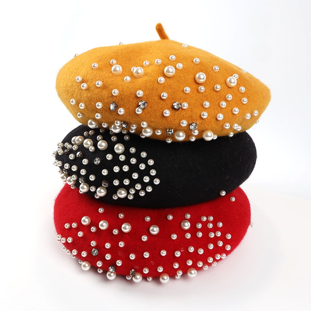 Elegant Pearl Beret Hat Cap Bling Adjustable French Classic 100% Wool Pearl Rhinestones For Woman
