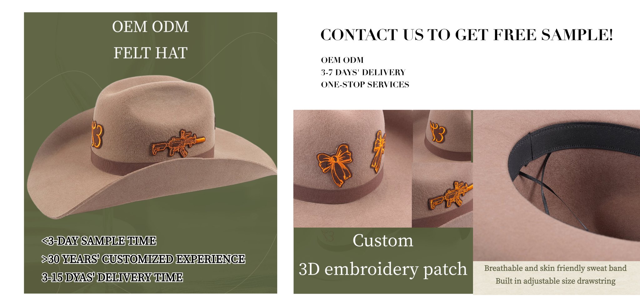 Custom Patch Embroidery 100 Pure Wool Wide Brim Pro Cowboy Felt Hat