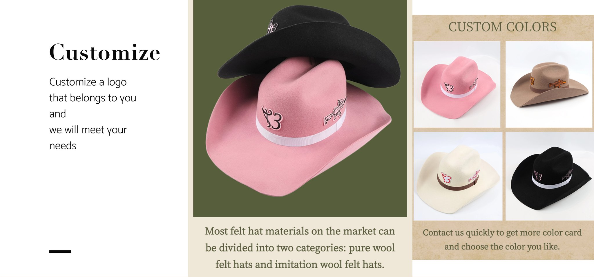 Custom Patch Embroidery 100 Pure Wool Wide Brim Pro Cowboy Felt Hat
