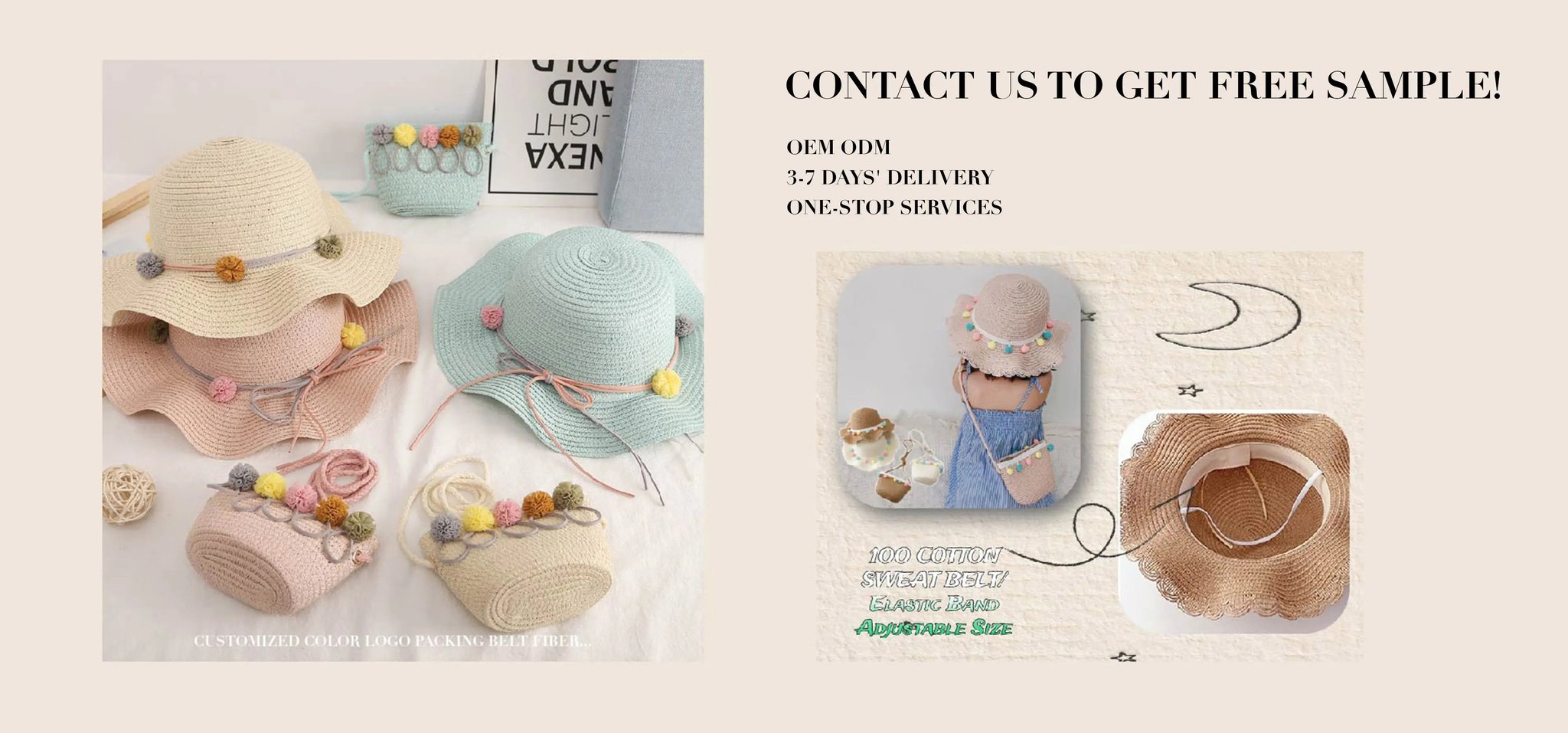 Oem Summer Cap Straw Hat with Wide Brim Sun Protection for Kids Toddler Girls Purse Beach Bag Cute Flower and Handbag Set